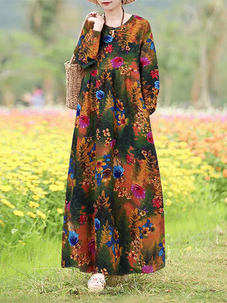 Vestido Floral Vintage mujer 2025 ZANZEA otoño Vestidos largos bohemios Casual manga larga Maxi Vestidos bata suelta Mujer de gran tamaño