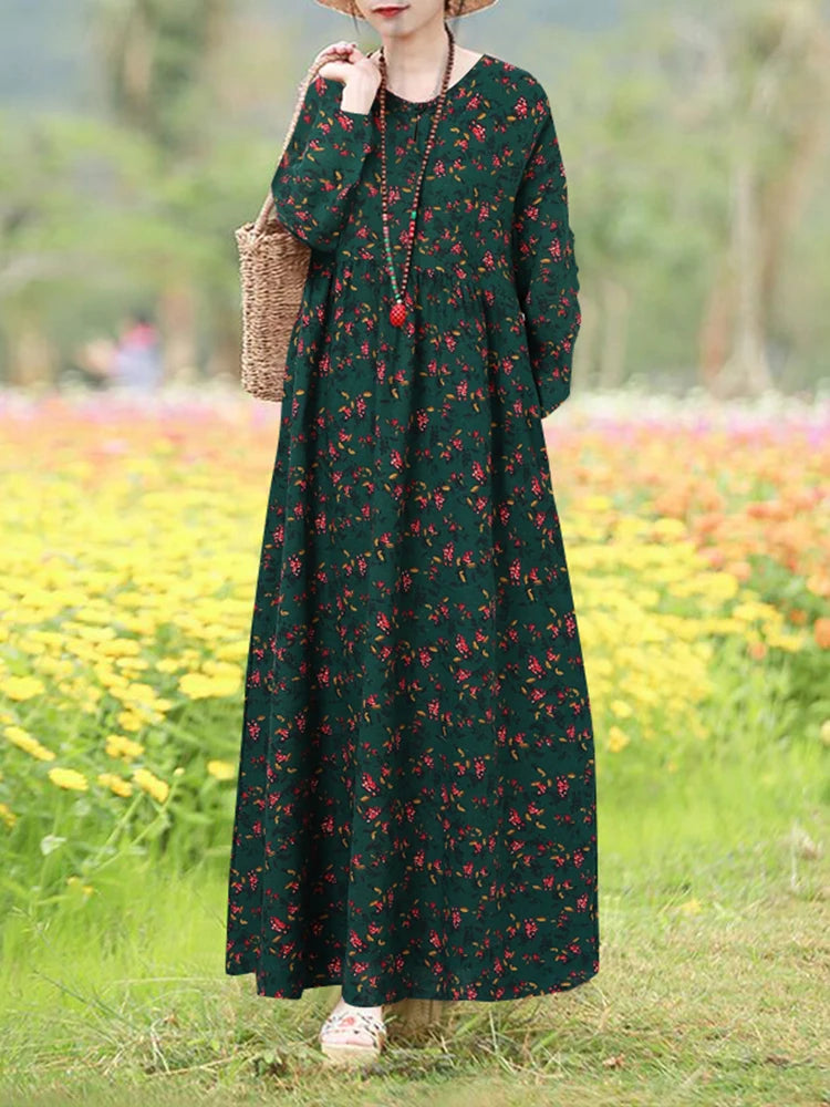 Vestido Floral Vintage mujer 2025 ZANZEA otoño Vestidos largos bohemios Casual manga larga Maxi Vestidos bata suelta Mujer de gran tamaño