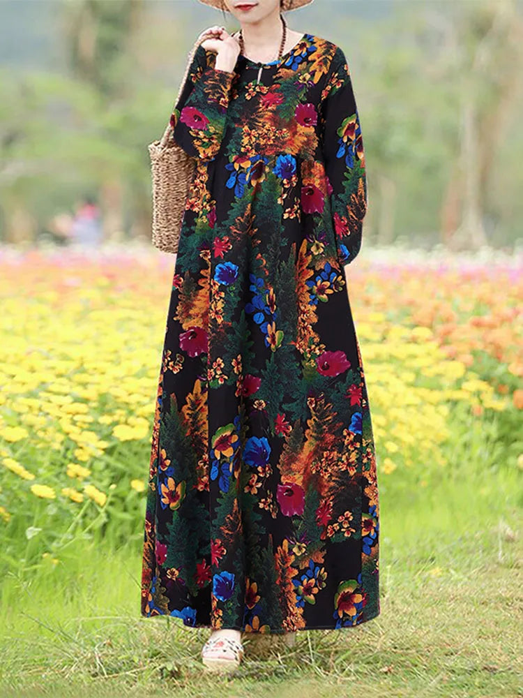 Vestido Floral Vintage mujer 2025 ZANZEA otoño Vestidos largos bohemios Casual manga larga Maxi Vestidos bata suelta Mujer de gran tamaño