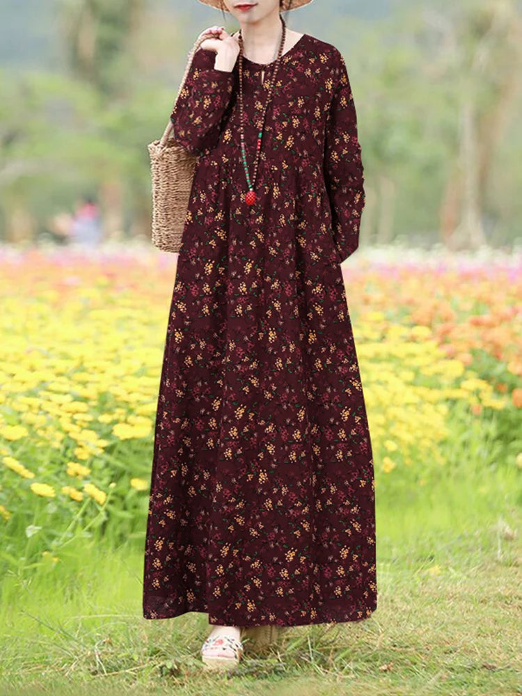 Vestido Floral Vintage mujer 2025 ZANZEA otoño Vestidos largos bohemios Casual manga larga Maxi Vestidos bata suelta Mujer de gran tamaño