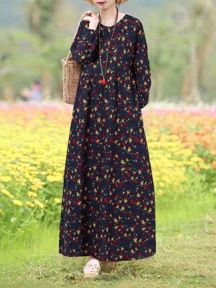 Vestido Floral Vintage mujer 2025 ZANZEA otoño Vestidos largos bohemios Casual manga larga Maxi Vestidos bata suelta Mujer de gran tamaño