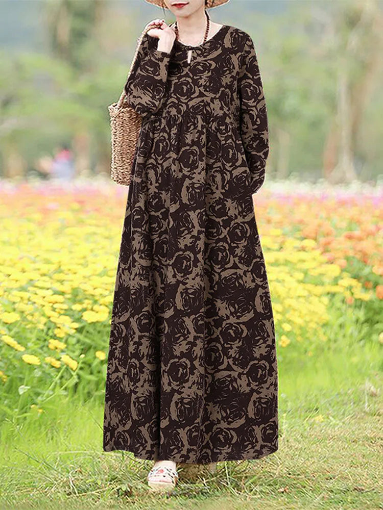 Vestido Floral Vintage mujer 2025 ZANZEA otoño Vestidos largos bohemios Casual manga larga Maxi Vestidos bata suelta Mujer de gran tamaño