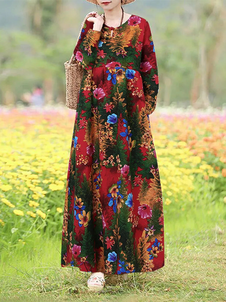 Vestido Floral Vintage mujer 2025 ZANZEA otoño Vestidos largos bohemios Casual manga larga Maxi Vestidos bata suelta Mujer de gran tamaño