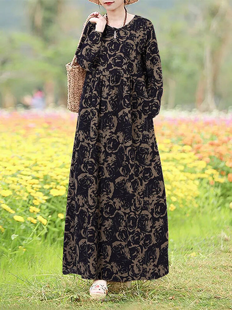 Vestido Floral Vintage mujer 2025 ZANZEA otoño Vestidos largos bohemios Casual manga larga Maxi Vestidos bata suelta Mujer de gran tamaño