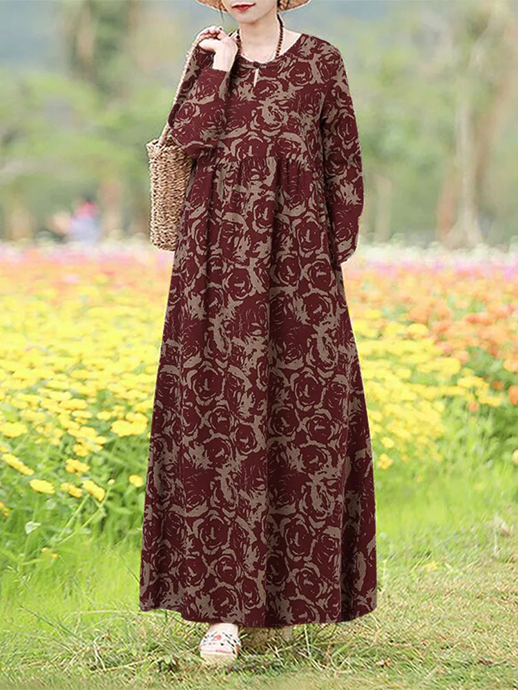 Vestido Floral Vintage mujer 2025 ZANZEA otoño Vestidos largos bohemios Casual manga larga Maxi Vestidos bata suelta Mujer de gran tamaño