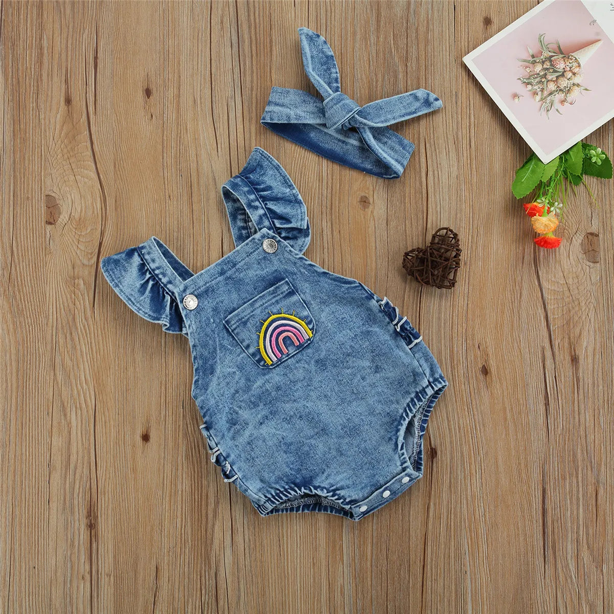 Baby Girl Rainbow-Embroidered Denim Romper & Headband