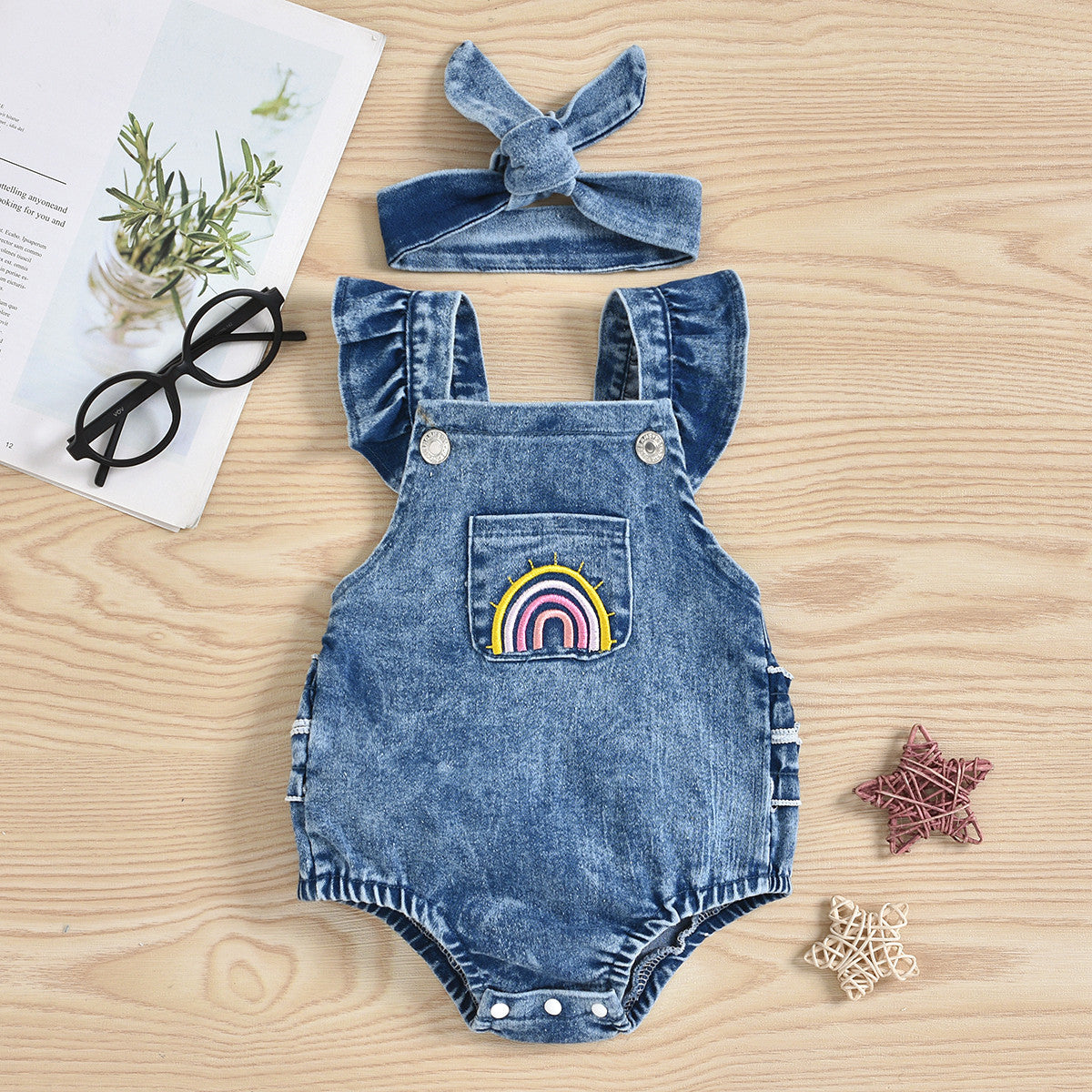 Baby Girl Rainbow-Embroidered Denim Romper & Headband