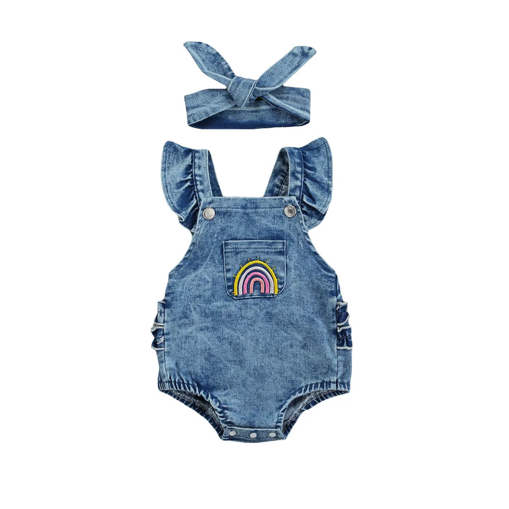 Baby Girl Rainbow-Embroidered Denim Romper & Headband