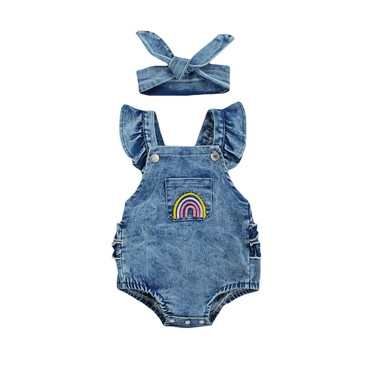 Baby Girl Rainbow-Embroidered Denim Romper & Headband