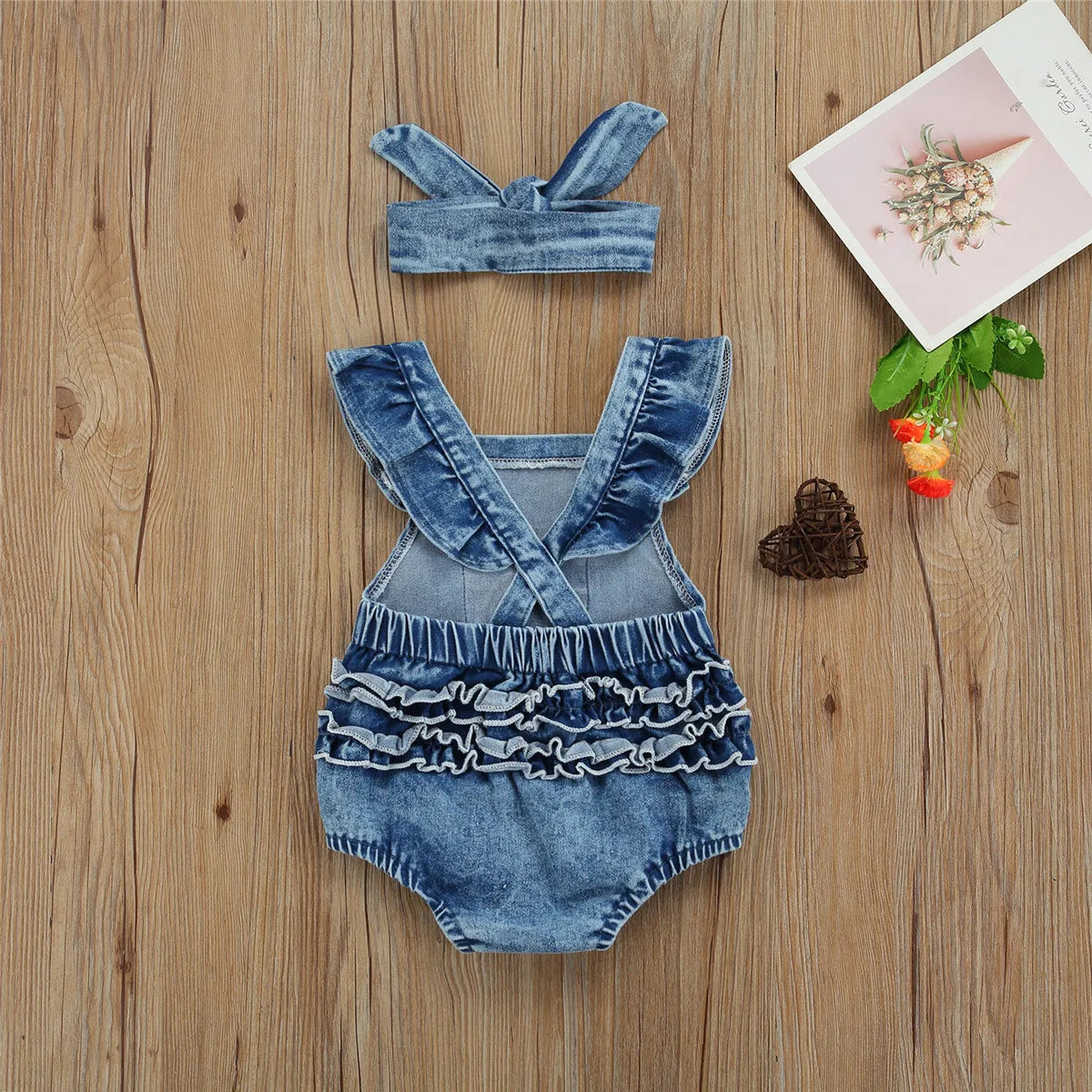 Baby Girl Rainbow-Embroidered Denim Romper & Headband