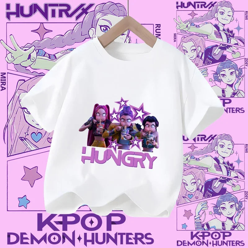 Children's KPOP Demon Hunters movie crewneck cartoon girls' and boys' T-shirt, casual print baby fashion clothing for summer