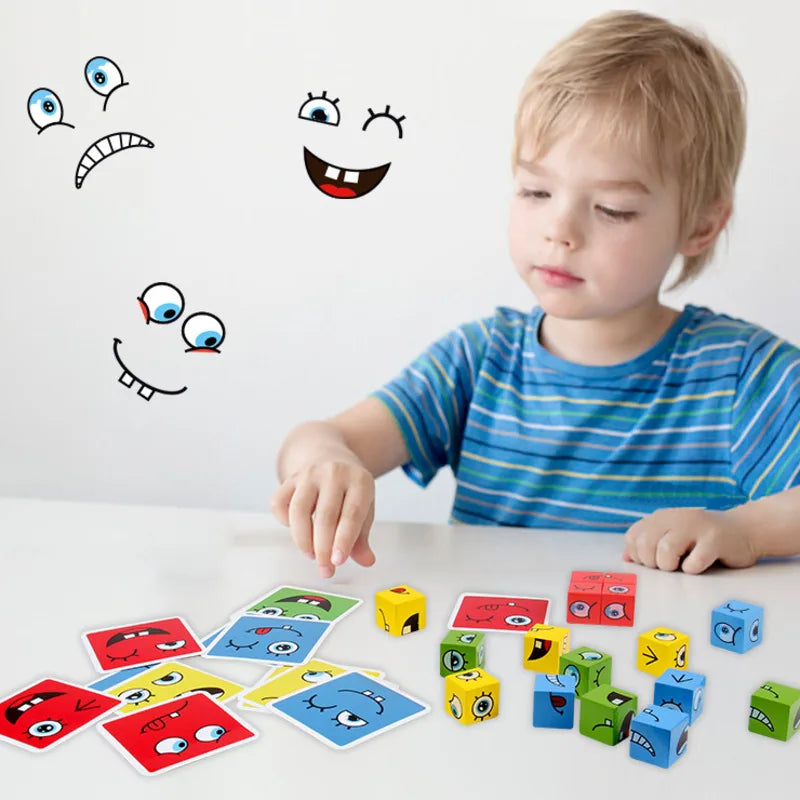 Cube Face Change Building Blocks Board Game Wood Puzzle Expression Wooden Blocks Toys for Gift
