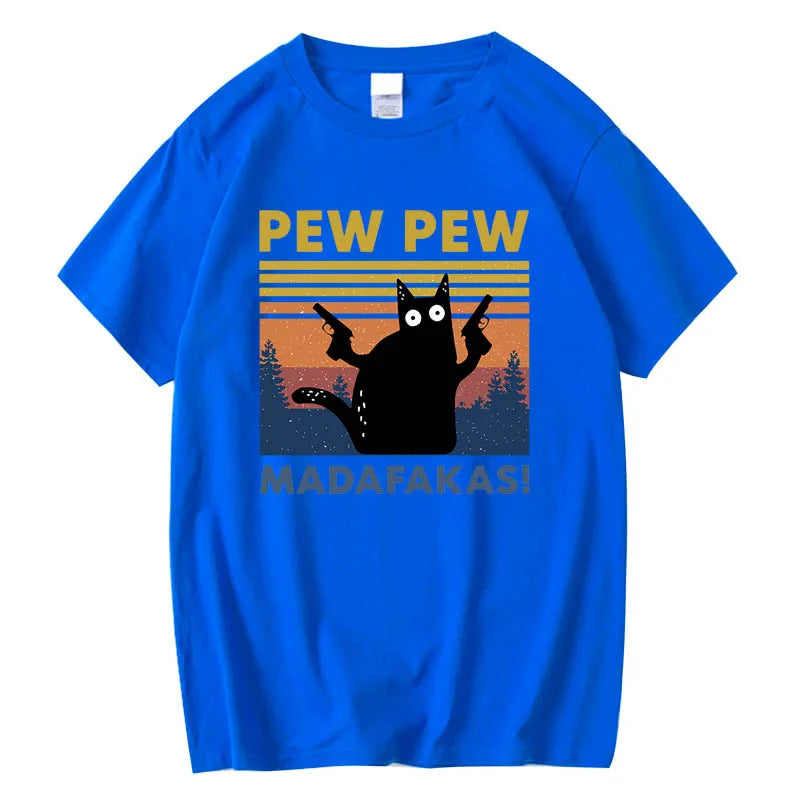 Camiseta Pew Pew Madafakas para hombre, camiseta de manga corta con diseño de gato divertido, camisetas holgadas de algodón, camiseta con cuello redondo, ropa de calle