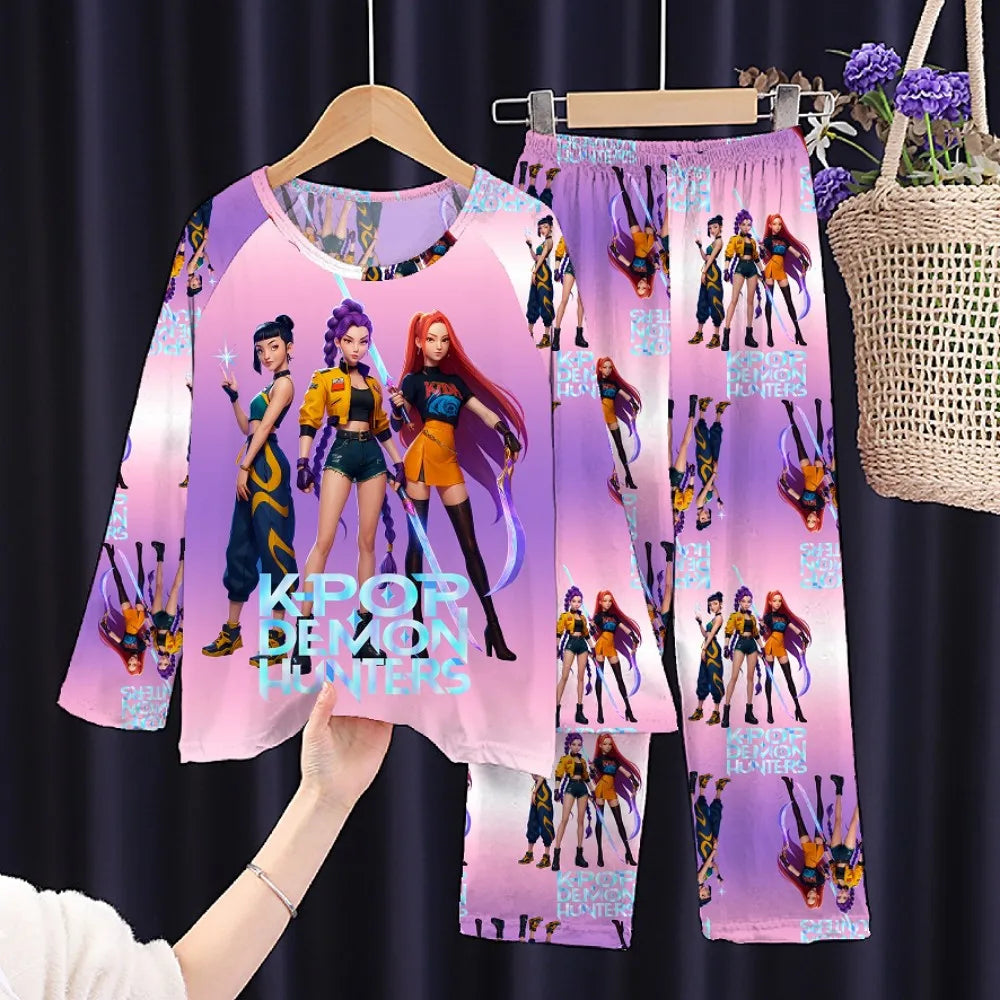 Conjunto de pijamas para niños KPop Demon Hunters Huntrix, ropa de manga larga para niñas, 2 uds., ropa de dormir para niños, ropa de dormir de dibujos animados para niños de 3 a 14 años