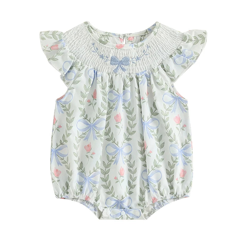 Baby Girl Floral Ruffle-Sleeve Romper with Bow