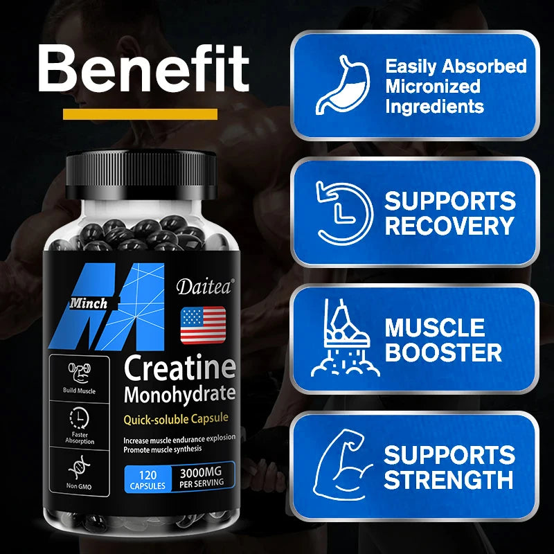 Monohidrato de creatina: promueve la masa muscular, la fuerza muscular y el rendimiento atlético, 30/60/120 cápsulas, sin OGM, sin gluten