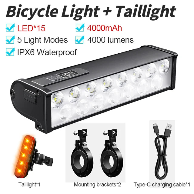NEWBOLER-luz frontal para bicicleta, 4/15LED, 4000mAh, resistente al agua, linterna con carga USB, accesorios para lámpara de ciclismo de montaña y carretera