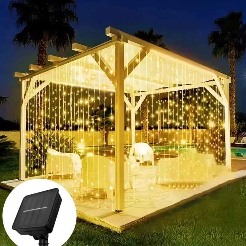 Cortina de luz Solar para exteriores, 3x3M, 300Leds, guirnalda de decoraciones navideñas, 8 modos, decoración para fiesta de Navidad y Halloween, cadena de luces