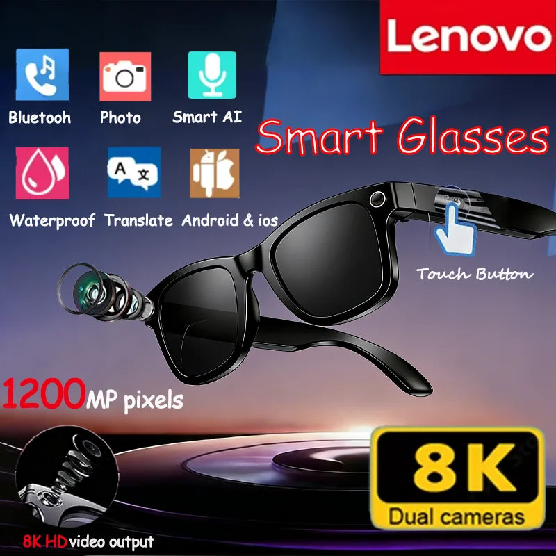 Gafas Inteligentes Lenovo con IA, Cámara 8K de 1200mp, Chat GPT, Táctiles, Deportivas, Reproductor de Música, Llamadas Bluetooth, Asistente de Voz
