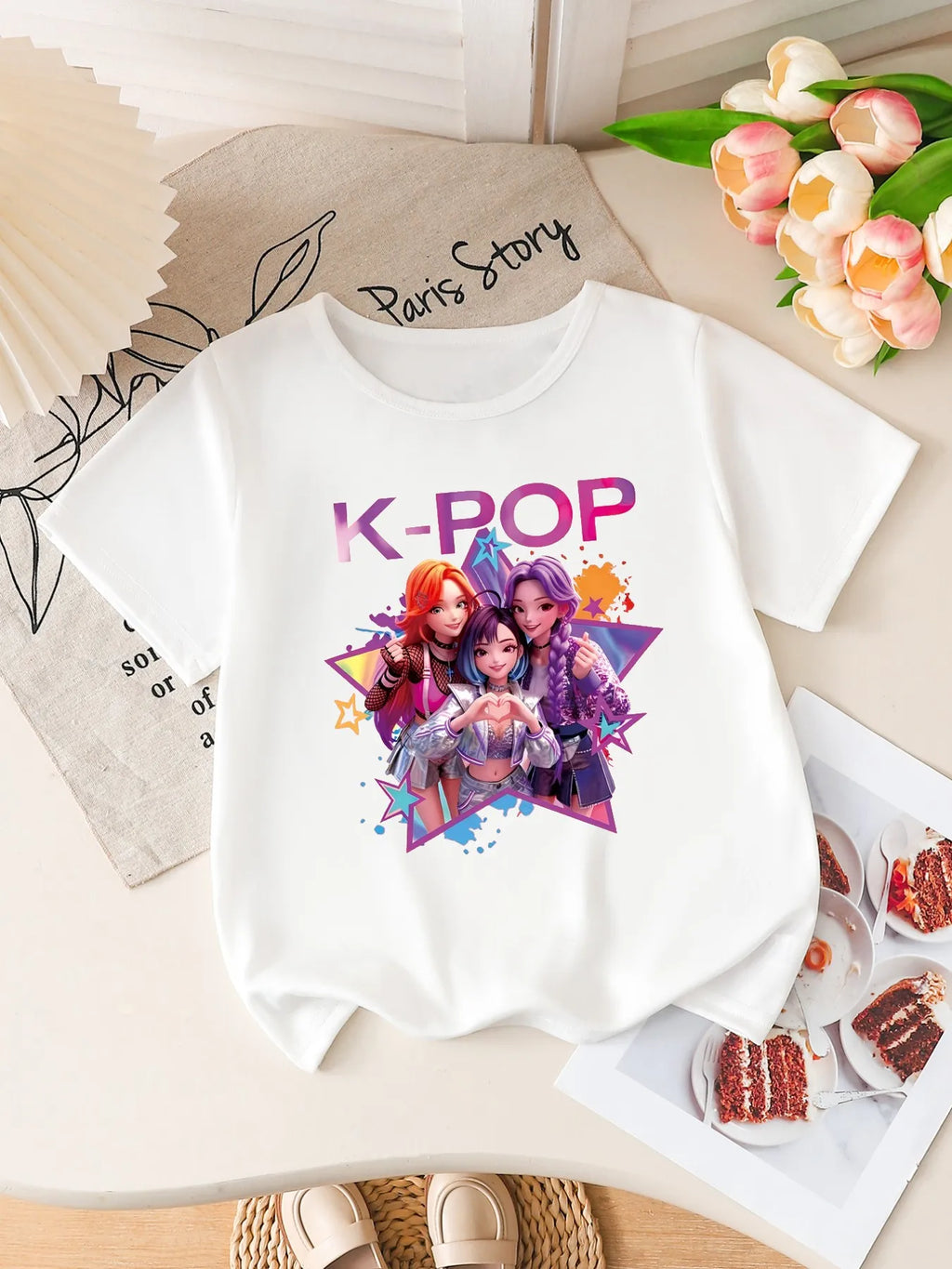 Camiseta de Manga Corta con Estampado de Grupo Idol de K-POP para Niñas, Linda Camiseta con Gráficos de Dibujos Animados, Top Informal de Verano para Niños