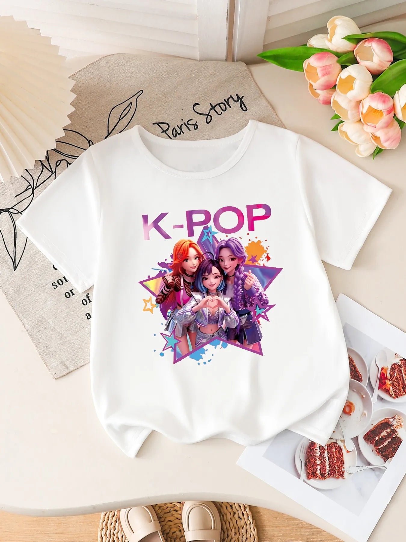 Camiseta de Manga Corta con Estampado de Grupo Idol de K-POP para Niñas, Linda Camiseta con Gráficos de Dibujos Animados, Top Informal de Verano para Niños