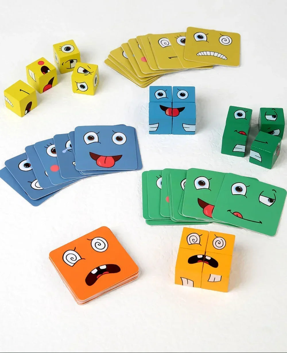 Cube Face Changing Wood Puzzle Building Blocks Board Game Montessori Expression Wooden Blocks Blocos For Children Kids Toys Gift