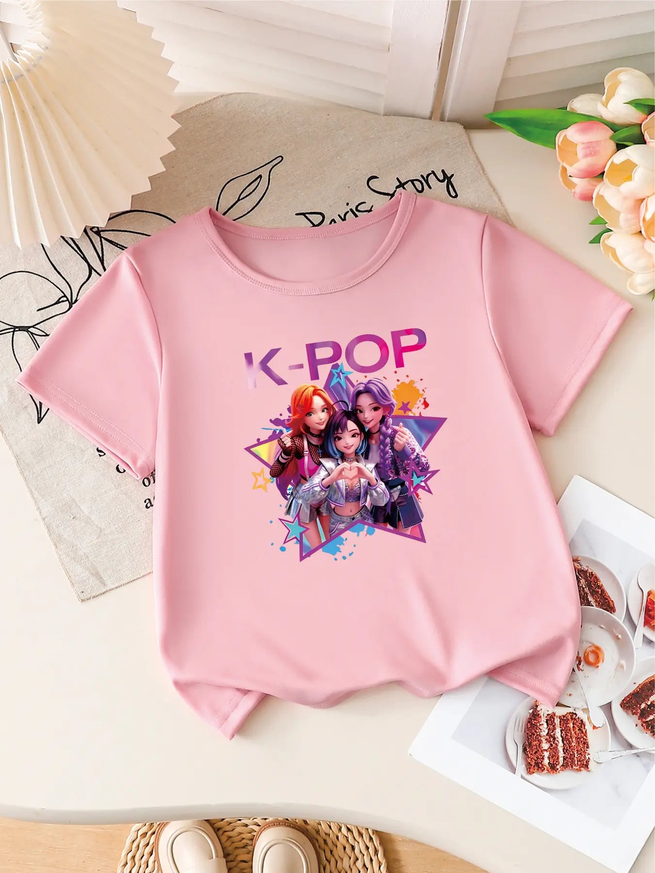 Camiseta de Manga Corta con Estampado de Grupo Idol de K-POP para Niñas, Linda Camiseta con Gráficos de Dibujos Animados, Top Informal de Verano para Niños