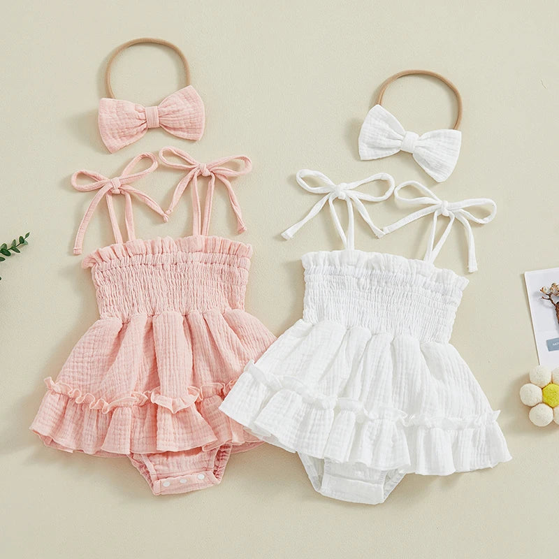 Baby Girl Sleeveless Tie-Strap Romper & Headband