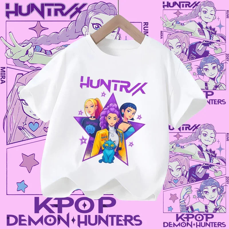 Children's KPOP Demon Hunters movie crewneck cartoon girls' and boys' T-shirt, casual print baby fashion clothing for summer