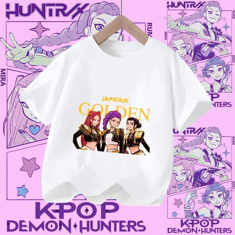 Children's KPOP Demon Hunters movie crewneck cartoon girls' and boys' T-shirt, casual print baby fashion clothing for summer