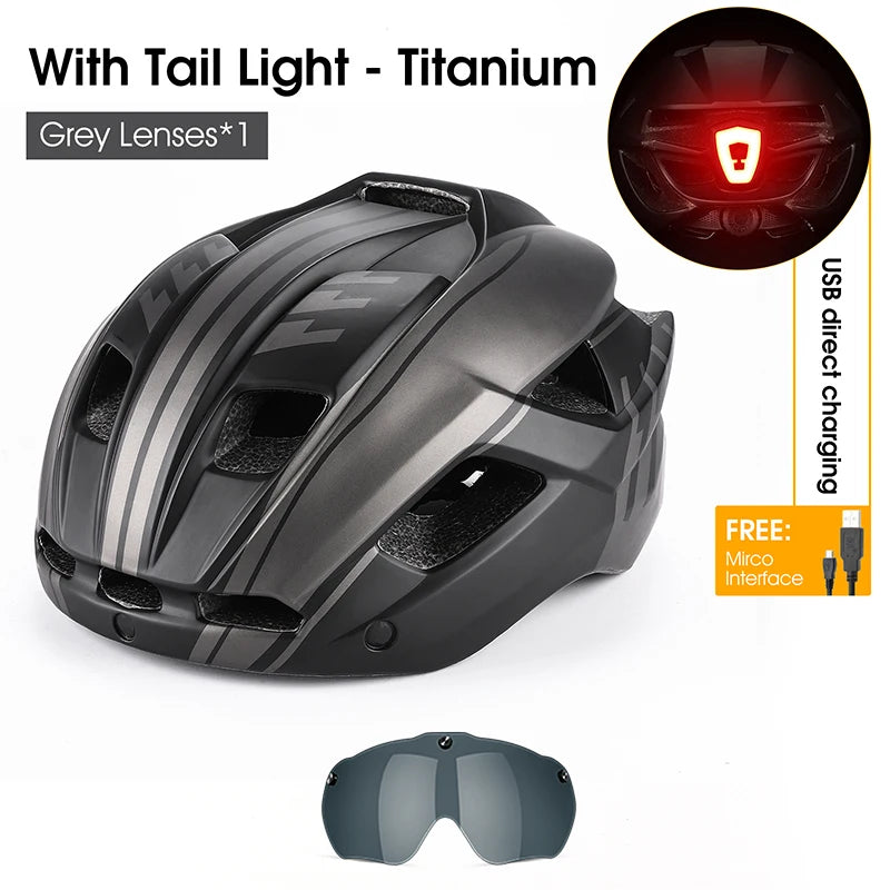 Casco de Ciclismo Ultraligero WEST BIKING con Luz Trasera y Gafas Integradas para Hombre y Mujer, Casco de Seguridad para Ciclismo de Montaña, Carretera y Motocicleta
