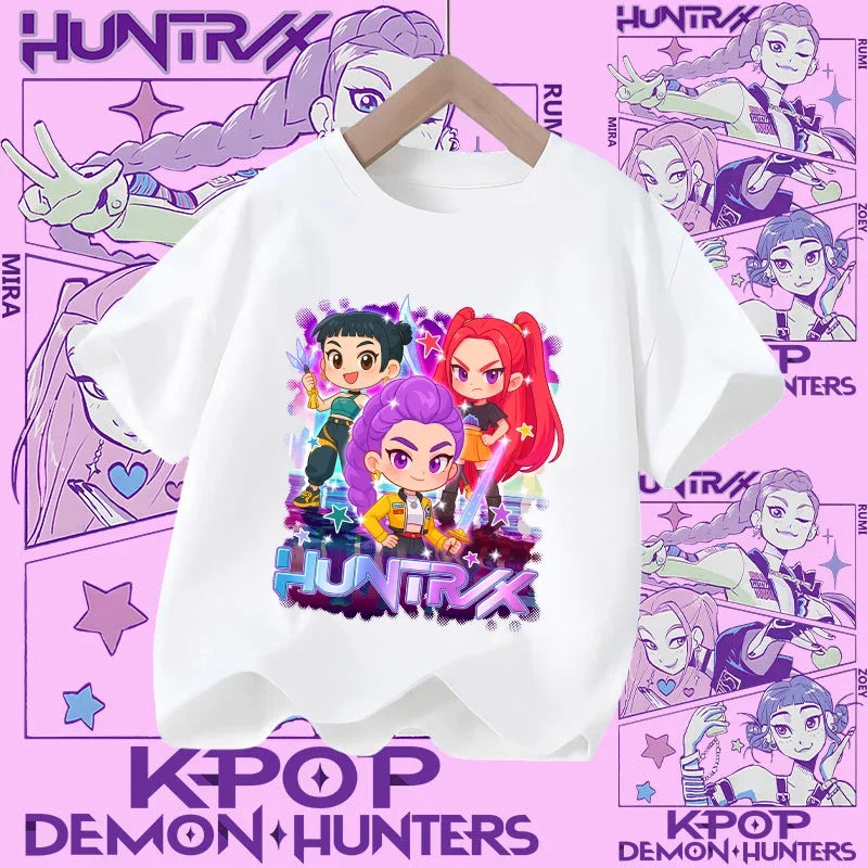 Children's KPOP Demon Hunters movie crewneck cartoon girls' and boys' T-shirt, casual print baby fashion clothing for summer