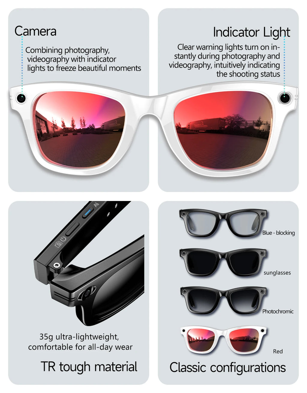 Gafas inteligentes HD grabación de vídeos reconocimiento de fotos AI traducción de respuesta 290mAh batería grande IP67 gafas Bluetooth impermeables