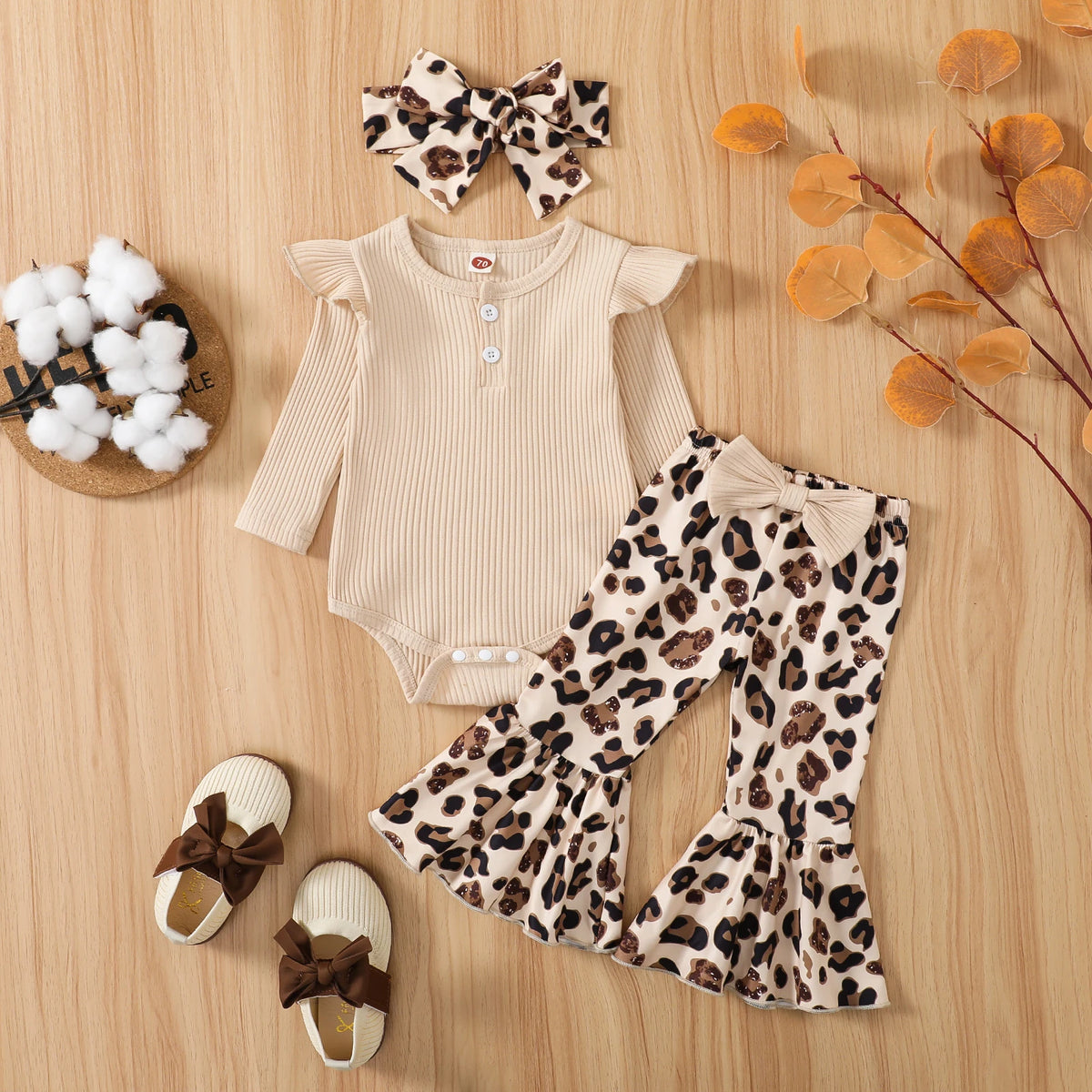 Baby Girl Ribbed Romper & Animal-Print Flare Pants Set