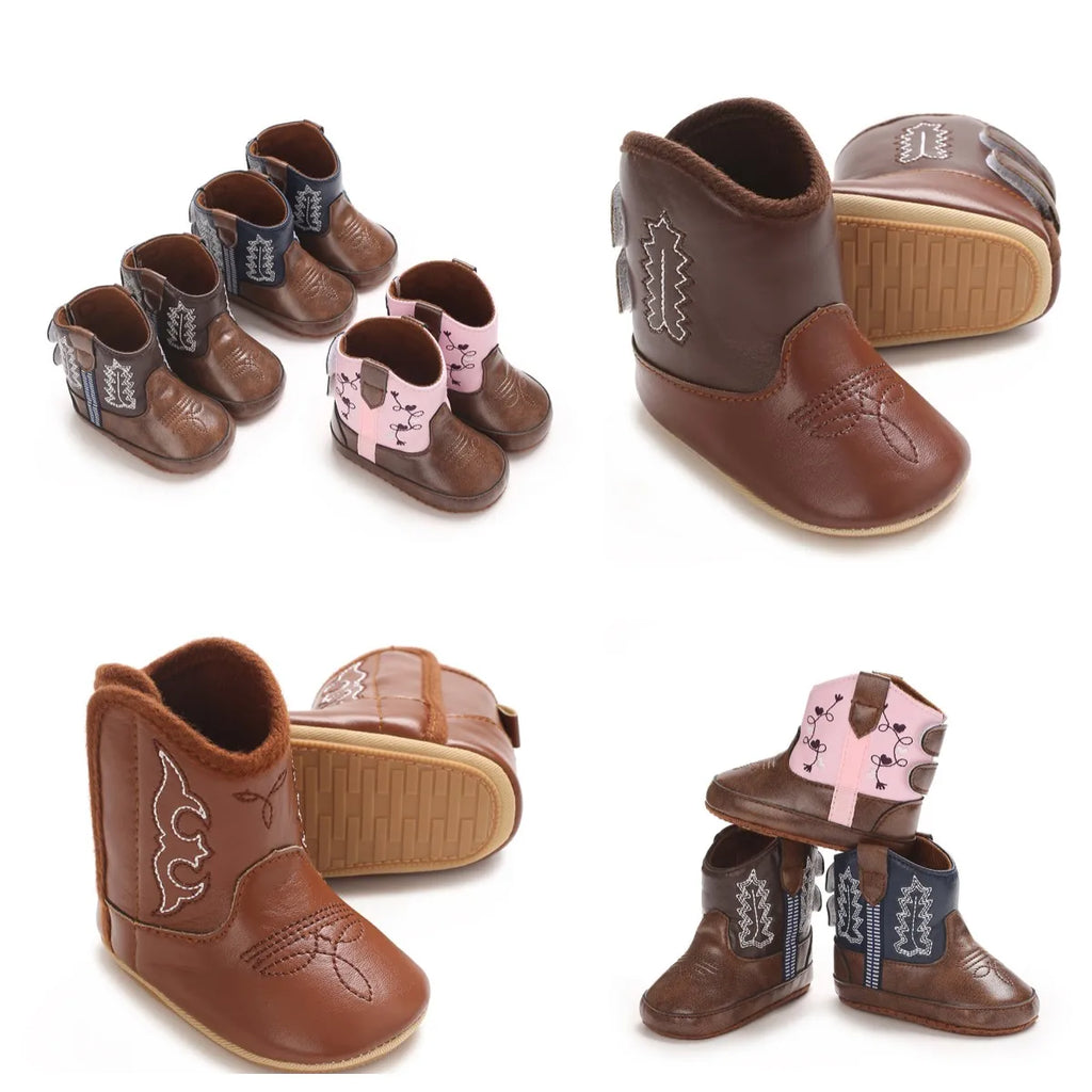 Leather Western Boots Cowboy Bootie Soft Sole Non-Slip Crib Shoes for Baby Infant Toddler Girls Boys Newborn