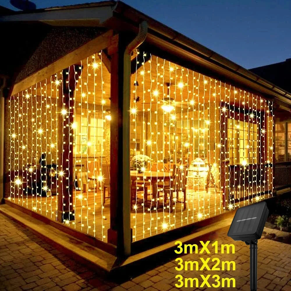 Cortina de luz Solar para exteriores, 3x3M, 300Leds, guirnalda de decoraciones navideñas, 8 modos, decoración para fiesta de Navidad y Halloween, cadena de luces