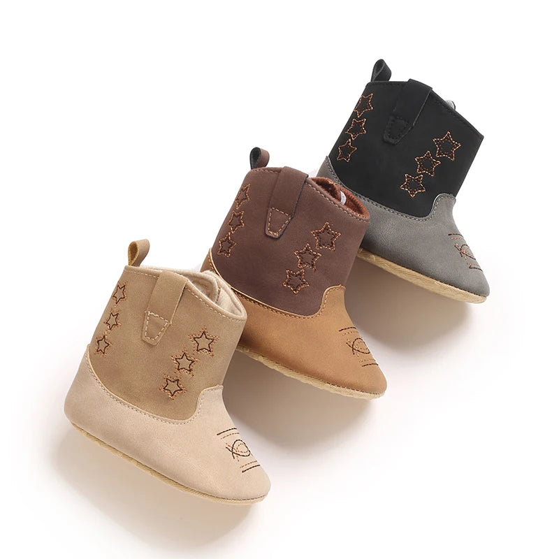 Baby Western Cowboy Boots Star Embroidered Soft Anti-Slip Sole Baby Steps First Baby Shoes 0-18M
