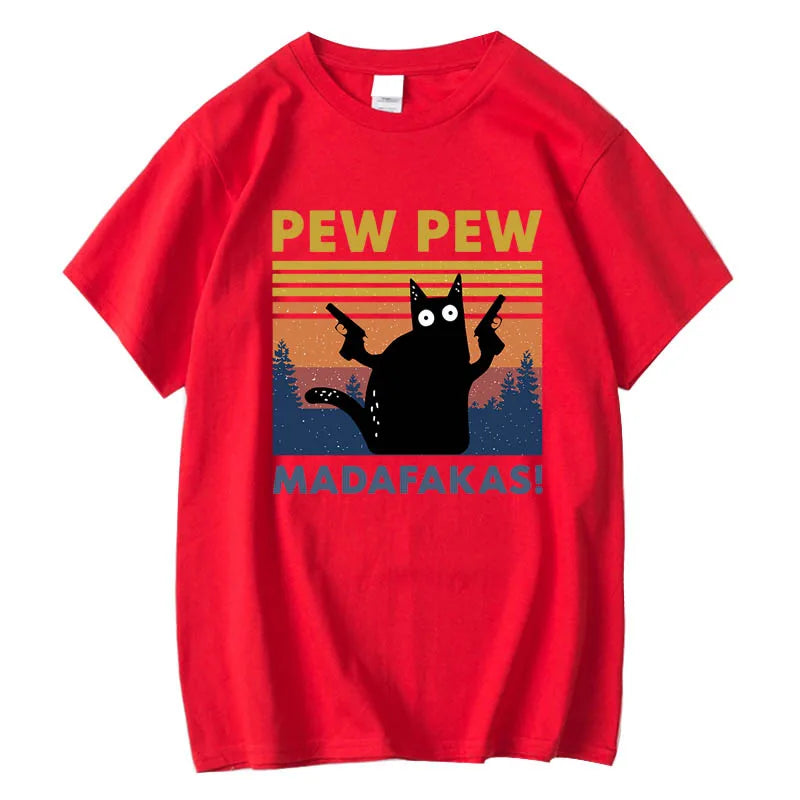 Camiseta Pew Pew Madafakas para hombre, camiseta de manga corta con diseño de gato divertido, camisetas holgadas de algodón, camiseta con cuello redondo, ropa de calle