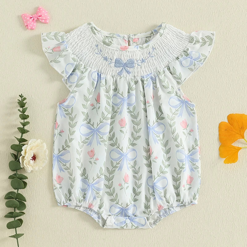 Baby Girl Floral Ruffle-Sleeve Romper with Bow