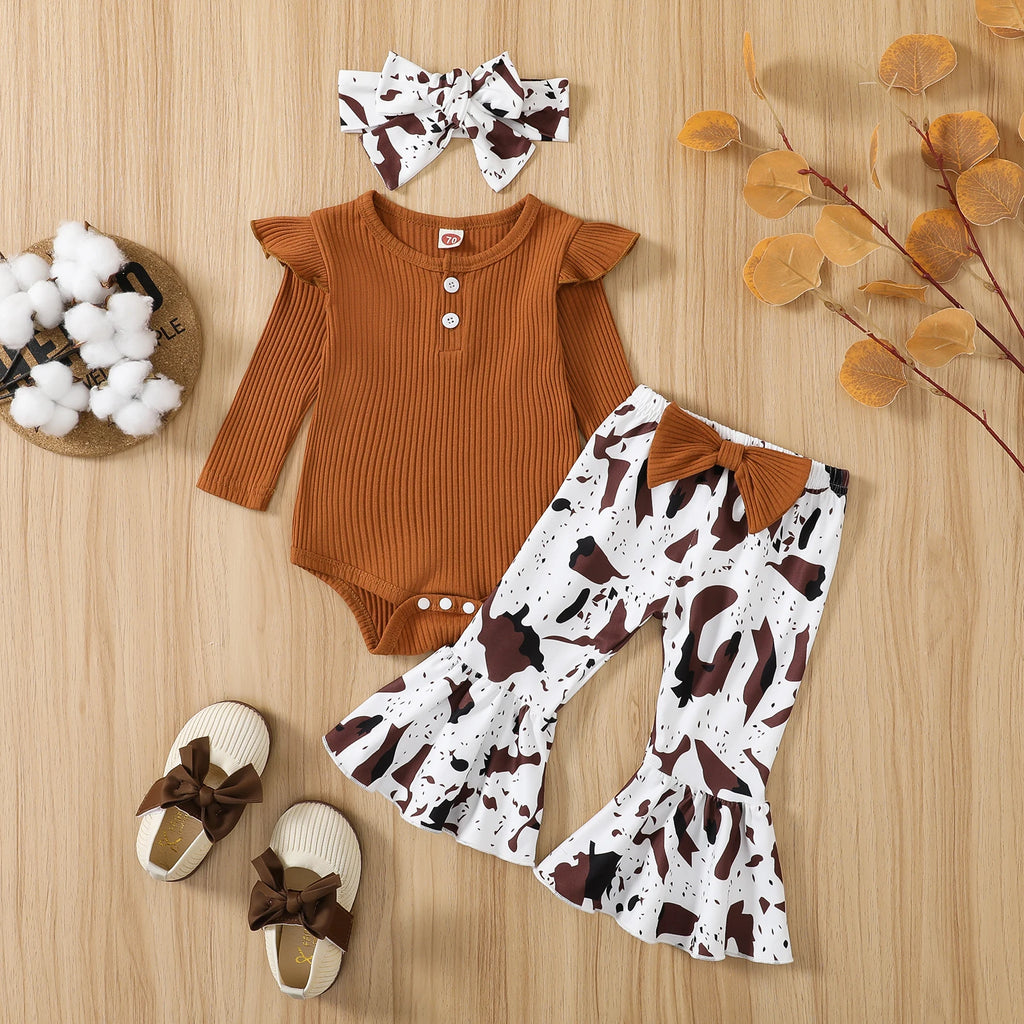 Baby Girl Ribbed Romper & Animal-Print Flare Pants Set
