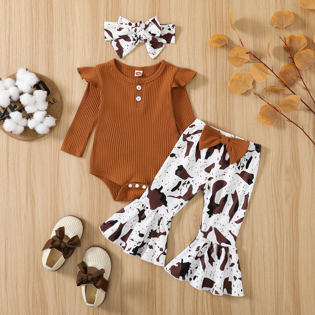 Baby Girl Ribbed Romper & Animal-Print Flare Pants Set