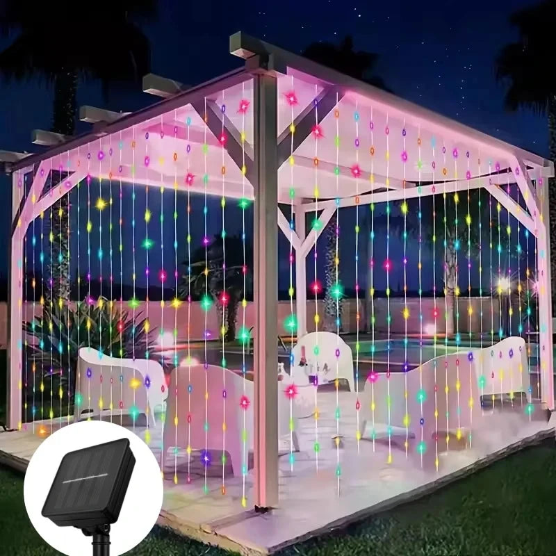 Cortina de luz Solar para exteriores, 3x3M, 300Leds, guirnalda de decoraciones navideñas, 8 modos, decoración para fiesta de Navidad y Halloween, cadena de luces