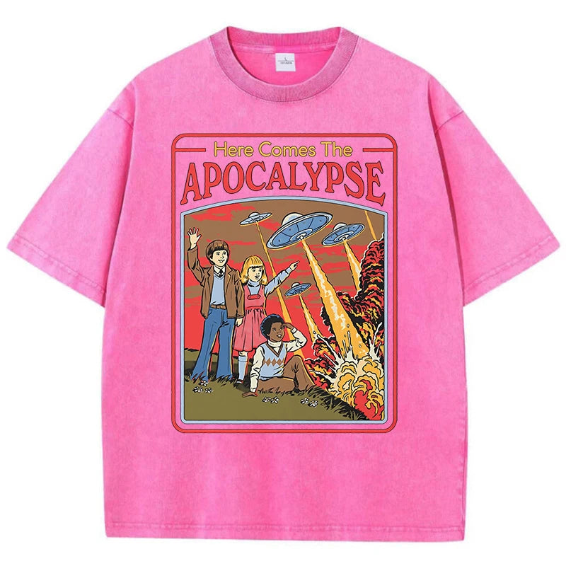 Aquí viene el Apocalipsis Ufo, ropa Retro lavada para hombre, ropa de calle de gran tamaño de calidad, Tops de algodón a la moda, camiseta holgada informal