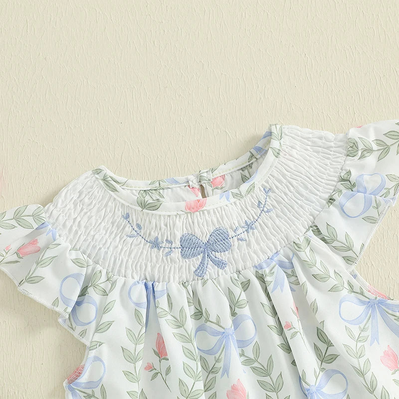 Baby Girl Floral Ruffle-Sleeve Romper with Bow
