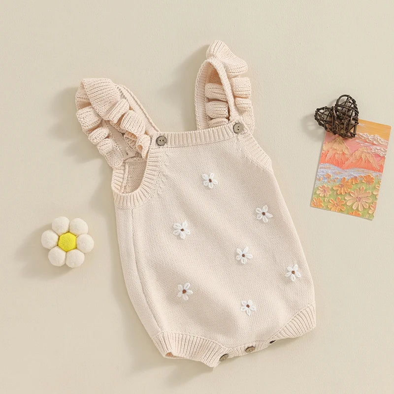 Baby Girl Floral-Embroidered Sleeveless Ruffle Romper