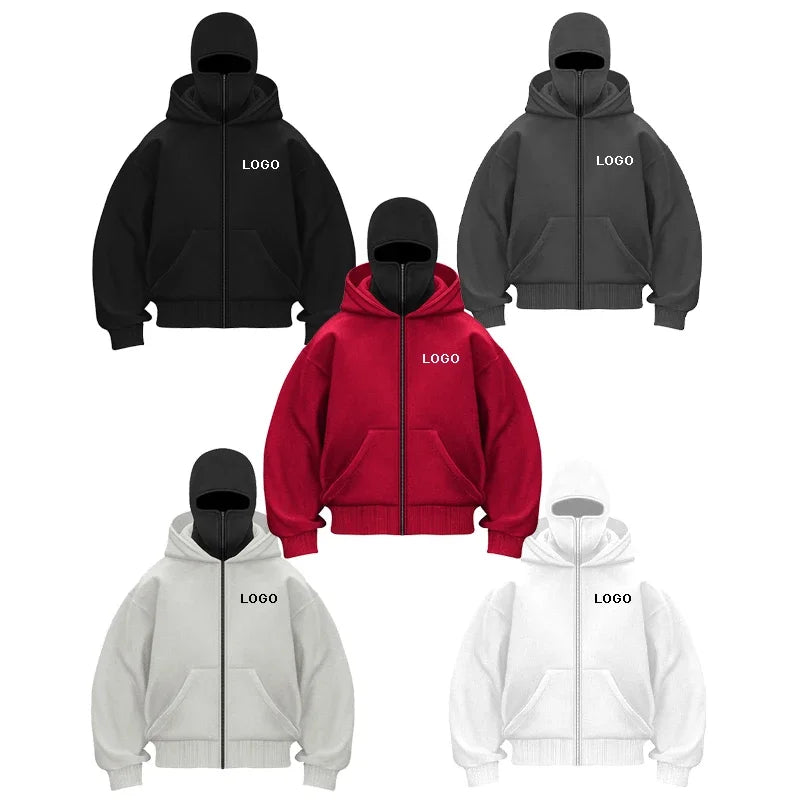 Sudaderas con capucha y cremallera de doble capucha personalizadas para hombre, sudaderas con estampado de personalidad de manga larga con cremallera, jerséis con máscara Ninja para mujer, chaqueta