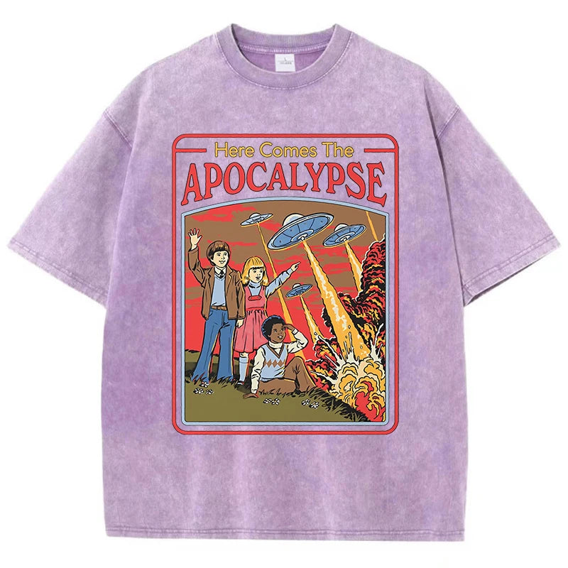 Aquí viene el Apocalipsis Ufo, ropa Retro lavada para hombre, ropa de calle de gran tamaño de calidad, Tops de algodón a la moda, camiseta holgada informal