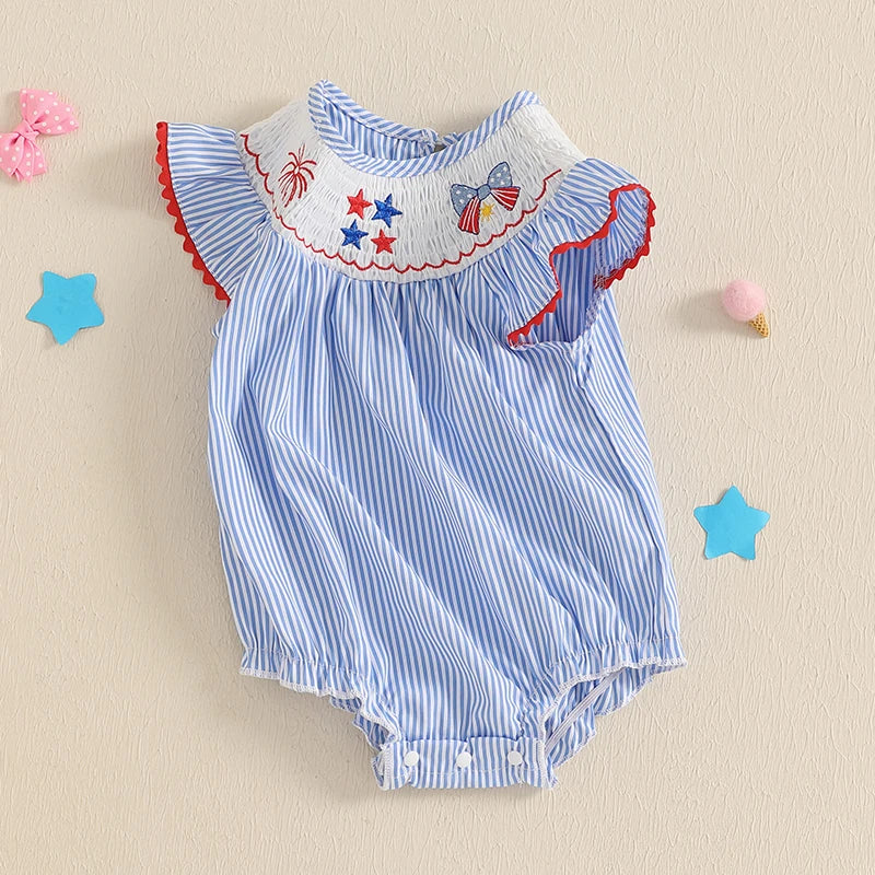 Baby Girl 4th of July Striped Star Romper with Bow