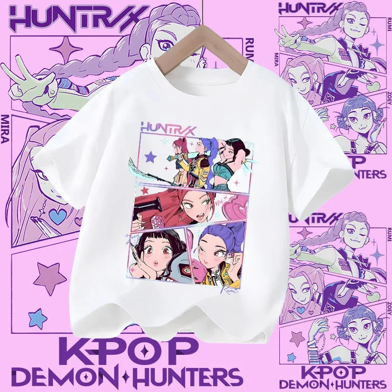 Children's KPOP Demon Hunters movie crewneck cartoon girls' and boys' T-shirt, casual print baby fashion clothing for summer