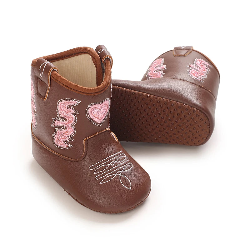 Baby Cowboy Boots Embroidery Soft Sole Baby Shoes Non‑Slip First Walkers Infant Toddler Booties Newborn Prewalker Shoes 0-18M